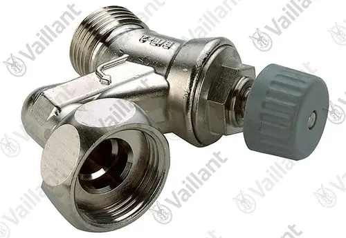 Vaillant Ventil mit Anschlusskonsole, metallisch, inklusive Reglergriff, für die Installation an Heizungs- oder Wassersystemen.